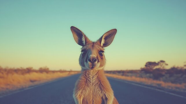 A kangaroo standing tall in the Australian outback, muscles rippling beneath its coat, bright blue sky above and desert terrain stretching out, focused gaze, dramatic lighting highlighting its powerfu