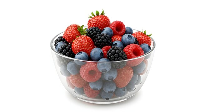 A glass bowl filled with a colorful assortment of fresh berries on a plain white surface backdrop view
