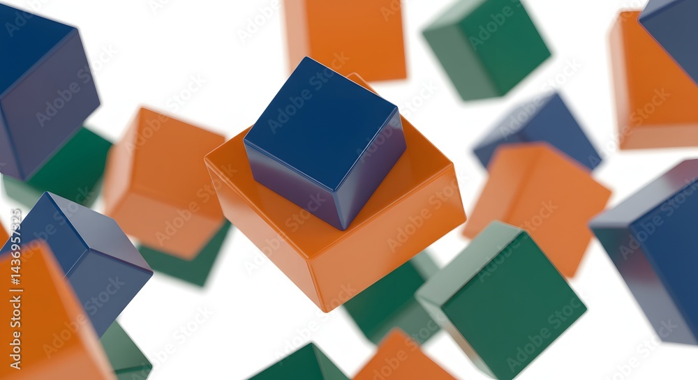 Poster floating colorful cubes in a dynamic arrangement against a plain white background creating depth and
