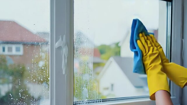 Person cleaning window with blue cloth and yellow gloves.