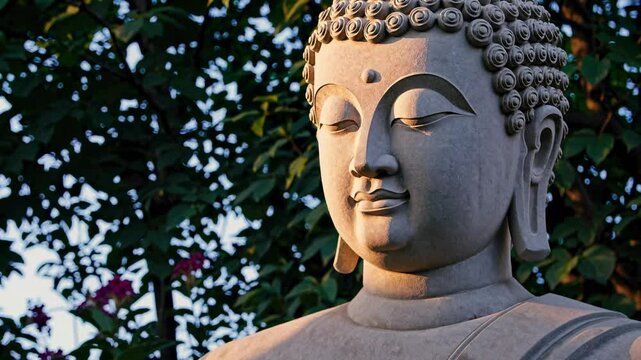 A serene Buddha statue surrounded by lush greenery, captured at eye level. The video evokes tranquility and peace in a natural setting.