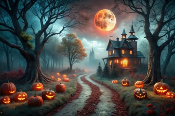 Spooky Halloween Night Landscape - Creepy Forest Path & Haunted Mansion