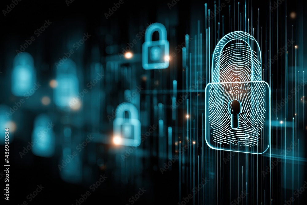 Leinwandbilder holographic padlock and fingerprint symbols in a cybersecure digital environment emphasizing advance