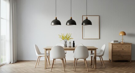 Discover modern serene natural tone dining room interior design decoration featuring elegant dining table surrounded comfortable white chairs complemented empty photo frame awaiting your personal