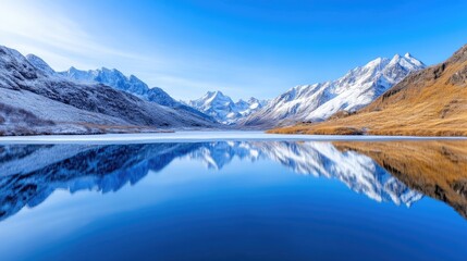 Fototapeta premium Mountain Lake Reflection with Snow-Capped Peaks Serene Vibrant Style High-Definition Panorama Perfect Symmetry Tranquil Landscape Clear Blue Sky Calming Ideal for Nature Calendars