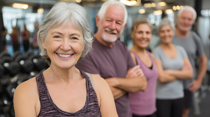 Senior Fitness Workout Group at Gym: Active Seniors Enjoying Exercise, Health, and Wellness Programs for a Happy and Energized Lifestyle