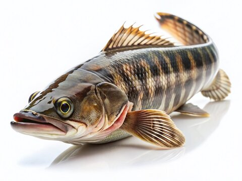 Striped Snakehead Fish Isolated on White, Aquatic Animal Stock Photo