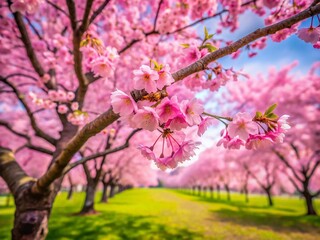 Obraz premium Stunning Cherry Blossom Tree in Full Bloom, Pink Petals Falling, Springtime Nature Scene