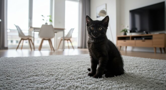 Black kitten sitting on a light-colored, shaggy rug in a modern living room with dining area - Powered by Adobe