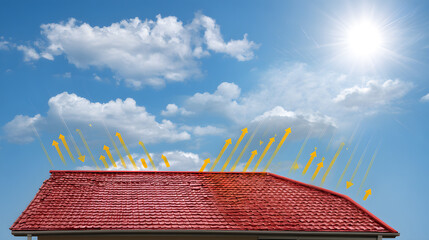 Traditional house with red tile roof and yellow arrows showing heat reflection beneath bright clear blue sky