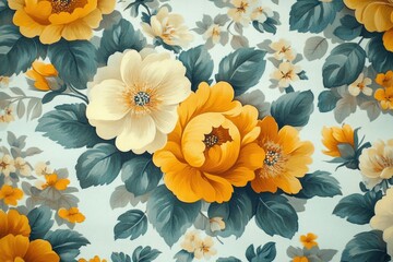 An artistic floral arrangement featuring yellow and white blossoms with lush green leaves against a soft, light background, creating a vibrant spring ambiance.