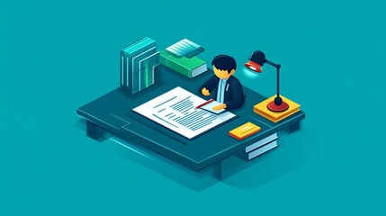 Person working at desk with documents and books