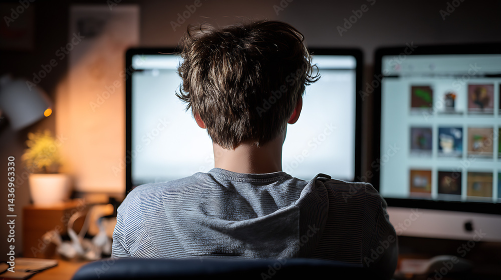 Poster focused young man working on computer in a cozy room with modern technology : generative ai