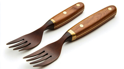 Naklejka premium Stylish wooden-handled knife and fork set, perfect for casual dining or outdoor activities. Isolated on a white background, ultra-realistic photography