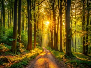Sunlit Forest Path: Golden Hour Woodland Trail Landscape