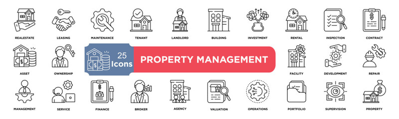 property management collection set. Containing realestate,leasing,maintenance,tenant,landlord,building,investment,rental,inspection,contract icon. Simple line