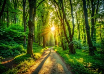 Obraz premium Sunlit Forest Path Silhouette Photography: Majestic Sunbeams Through Lush Green Trees