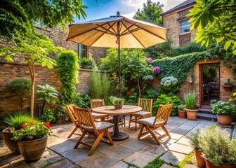 Obraz premium Sunny London Garden Patio Summer: Wooden Furniture, Parasol