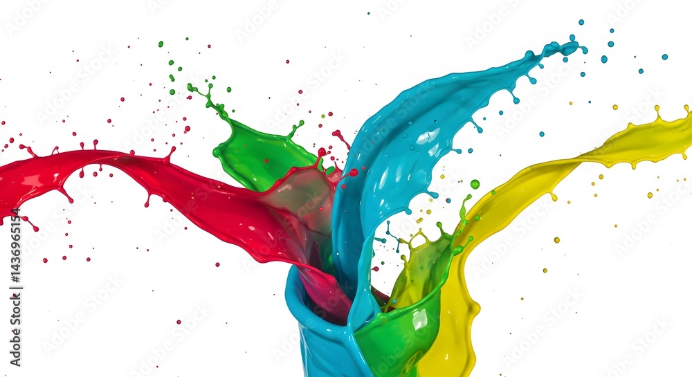 Poster colorful paint splashing out of a container on a white background creating dynamic abstract shapes