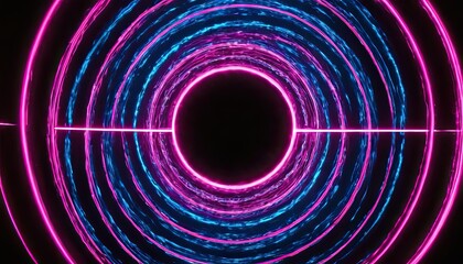 Abstract neon tunnel with pink and blue circular lights on black background