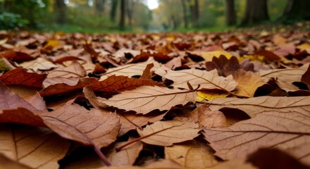 Autumn leaves carpet a path
