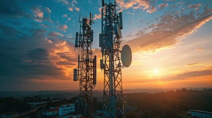 Telecommunication towers with 5G cellular network antennas on nature background, big digital data concept