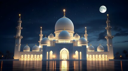 Stunning Illuminated Mosque at Night Featuring Elegant Architecture