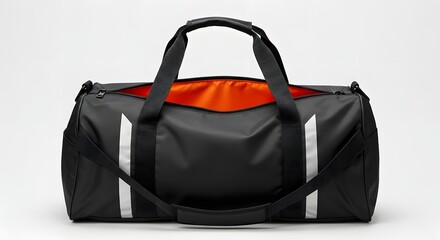 Naklejka premium A black duffel bag with white stripes and an orange interior is displayed on a white background