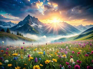 Surreal Alpine Meadow: Dreamlike Blooming Flowers, Vibrant Colors, Fantasy Landscape