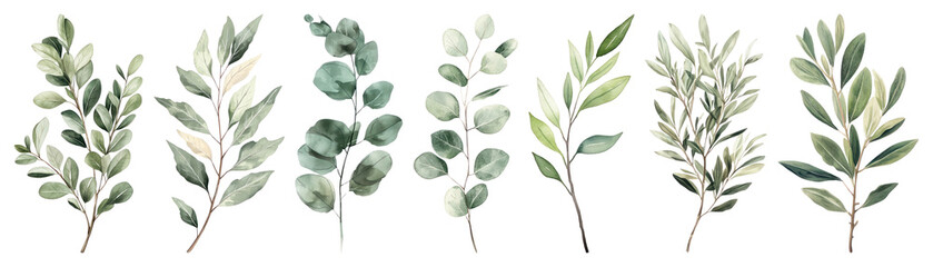 Obraz premium PNG Botanical watercolor leaves illustration, element set on transparent background