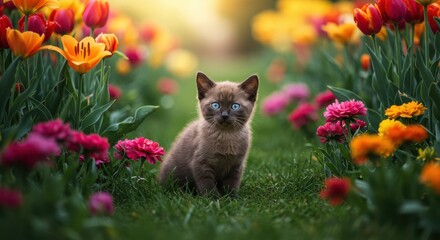 Fototapeta premium Small kitten with blue eyes sitting on grass surrounded by colorful flowers in a lush garden