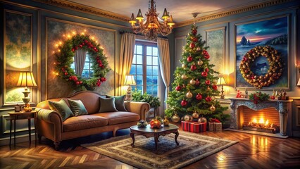 Surreal Christmas Living Room: Festive Vacation Rental Interior