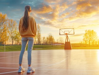 Woman basketball player practicing shots during sunset on outdoor court gigapixel standard inspirational environment