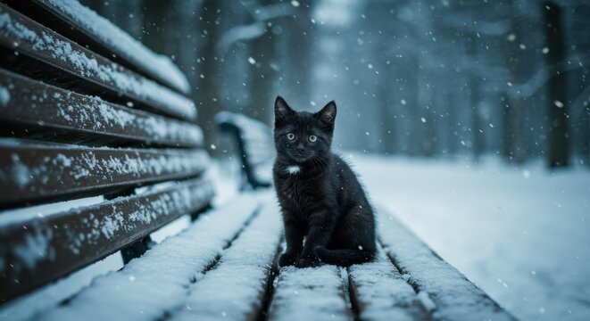 Black cat with green eyes sitting on a snow-covered wooden bench in a winter forest - Powered by Adobe