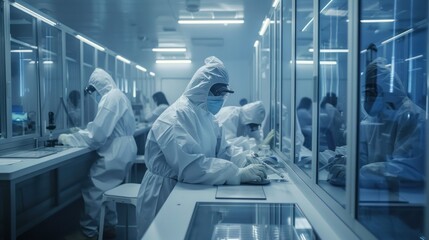 Researchers in clean suits working meticulously on advanced equipment in a high-tech laboratory environment. High-Tech Laboratory Work