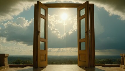 Open doors to a bright future with sunlit clouds landscape view