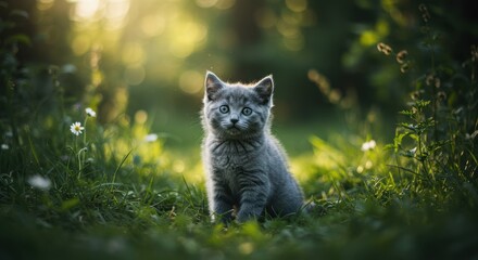 Young kitten with soft gray fur sitting upright in a grassy area with white flowers