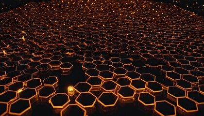 Fototapeta premium Abstract glowing hexagonal pattern background dark modern surface perspective view