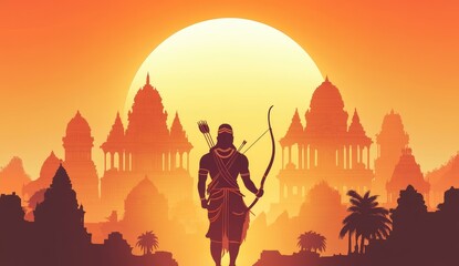 Fototapeta premium Silhouette Archer at Sunset with Pixel Art Cityscape