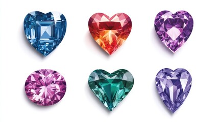 Colorful gemstones, heart & oval shapes, white background, jewelry design