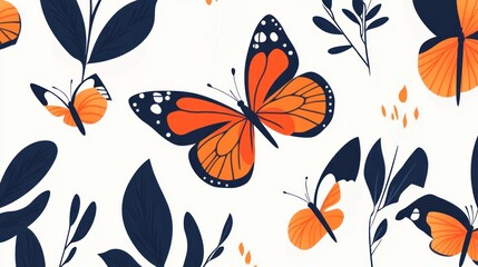 Orange butterflies and dark leaves, nature pattern, spring background, website design