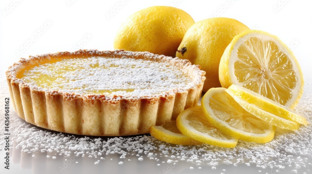 Poster lemon tart topped with powdered sugar and citrus slices on a bright background