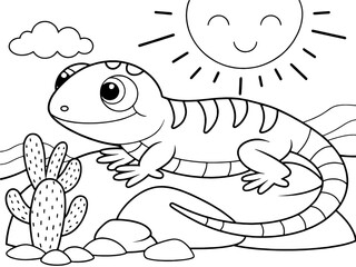 Cute desert lizard basking on rock under smiling sun outlined for children's coloring page, designed in simple black and white style to inspire learning about reptiles and desert habitats