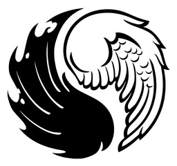 Yin Yang Symbol with Angel and Demon Wings, Dark Flame and White Feather Design, Good and Evil Balance, Spirituality, Duality, Tattoo Art, Inner Conflict 