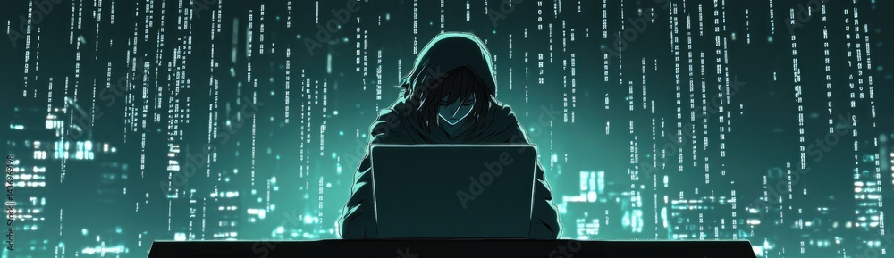 Poster silhouette programmer working at night with digital code streams