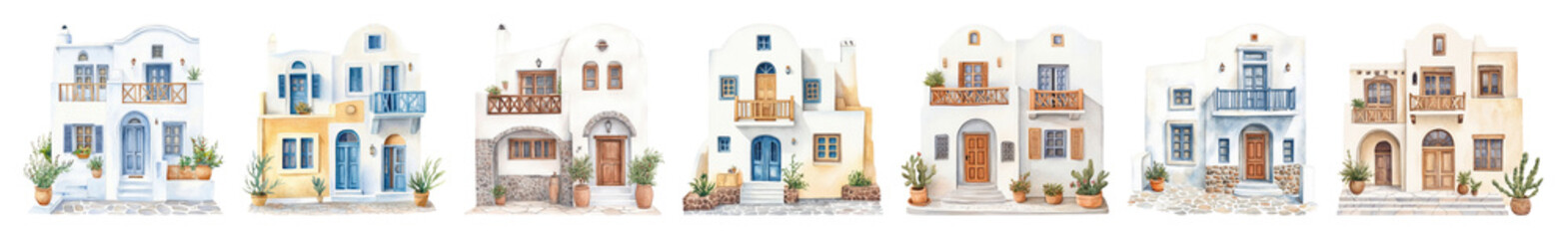 Fototapeta premium PNG Charming Mediterranean village homes, element set on transparent background