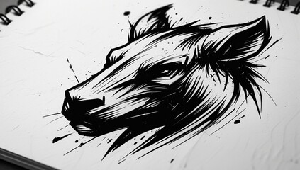 Ink-Style Wolf Portrait &ndash; Dynamic Brushstrokes and Fierce Expressio