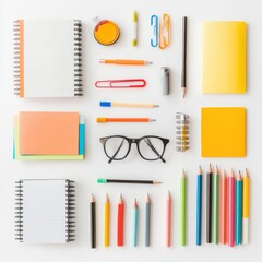 Naklejka premium Creative organization of school supplies flat lay classroom educational environment aesthetic viewpoint