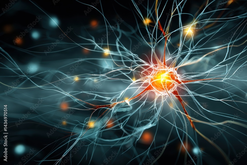 Aufkleber Glowing Energy Source Surrounded by Neural Tendrils in a Dark, Abstract Setting