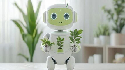 Innovative green robot with ai sensors monitoring plant growth indoor environment gigapixel standard futuristic design